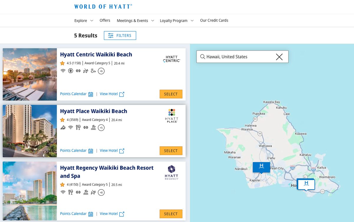 World of Hyatt award search results for Hawaii showing Hyatt Centric Waikiki Beach at Award Category 5, Hyatt Place Waikiki Beach at Award Category 4 and Hyatt Regency Waikiki Beach Resort and Spa at Award Category 5