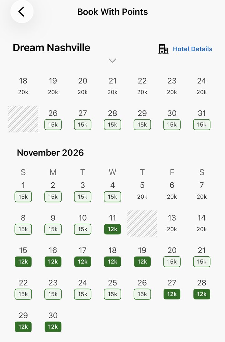 World of Hyatt points calendar for Dream Nashville showing award nights at 12,000, 15,000 and 20,000 points across late October and November 2026