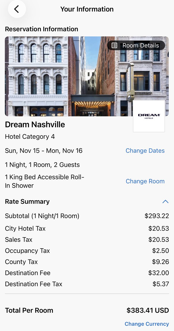 Hyatt booking page for Dream Nashville showing a $293.22 room rate growing to $383.41 after city hotel tax, sales tax, occupancy tax, county tax and a $32 destination fee