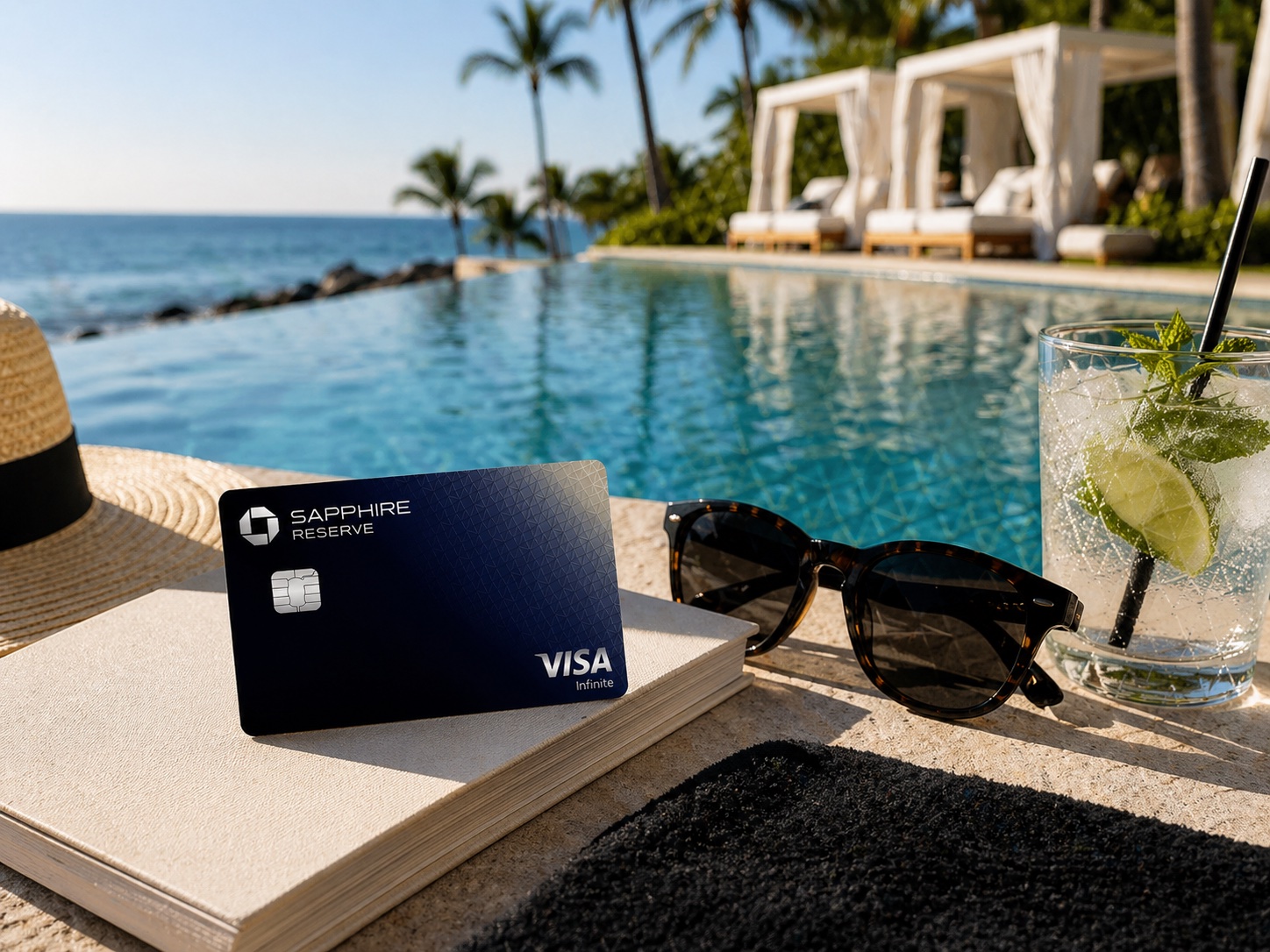 Chase Sapphire Reserve credit card poolside at luxury resort — 150,000 point welcome bonus