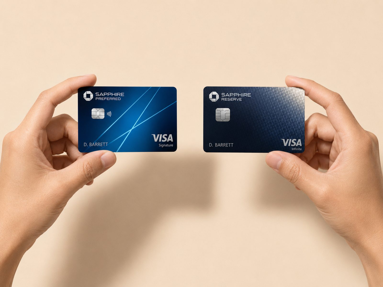 Two hands holding the Chase Sapphire Preferred and Chase Sapphire Reserve cards side by side — the case for holding both in 2026