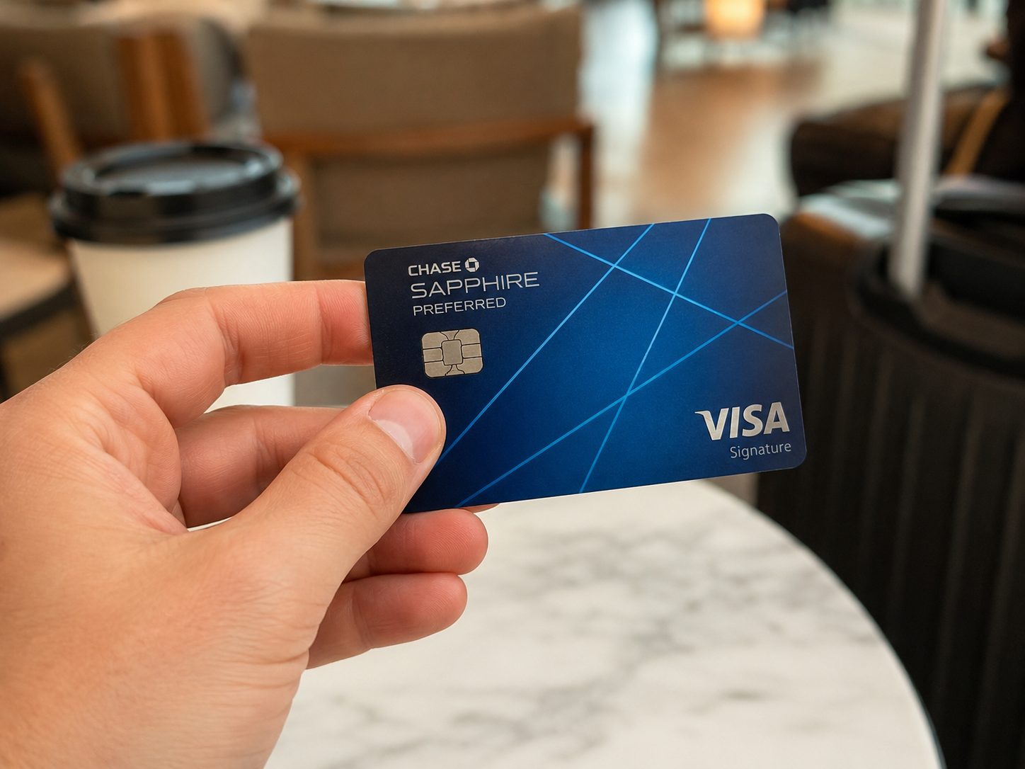 A hand holding the Chase Sapphire Preferred Visa card in an airport lounge — the 100,000-point welcome bonus ends July 30, 2026