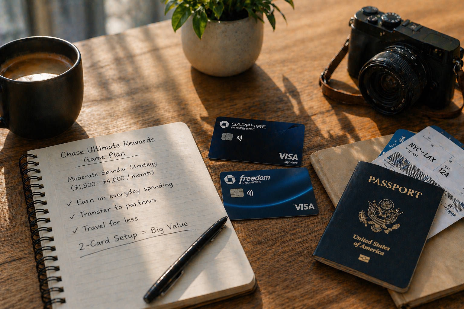 Chase Ultimate Rewards game plan for moderate spenders — Sapphire Preferred and Freedom Unlimited cards with travel notebook, passport, and camera