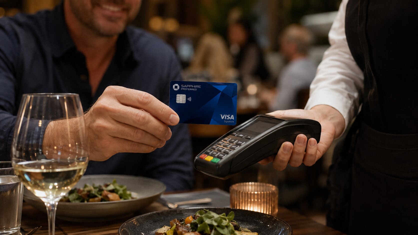 Paying with the Chase Sapphire Preferred card at a restaurant — 3x points on dining worldwide
