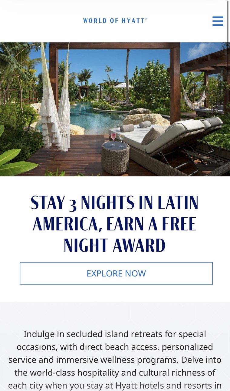 World of Hyatt offer page on mobile showing the Stay 3 Nights in Latin America, Earn a Free Night Award promotion with a resort pool and hammocks